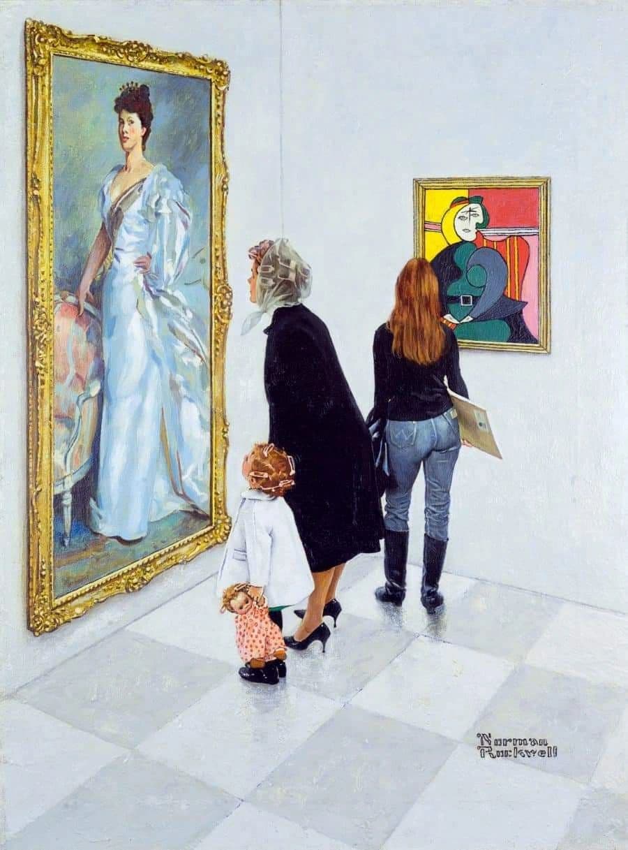 Museum visitors viewing Picasso and Sargent portraits in Norman Rockwell's Picasso vs. Sargent