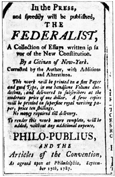 Advertisement announcing The Federalist, a collection of essays supporting the new Constitution